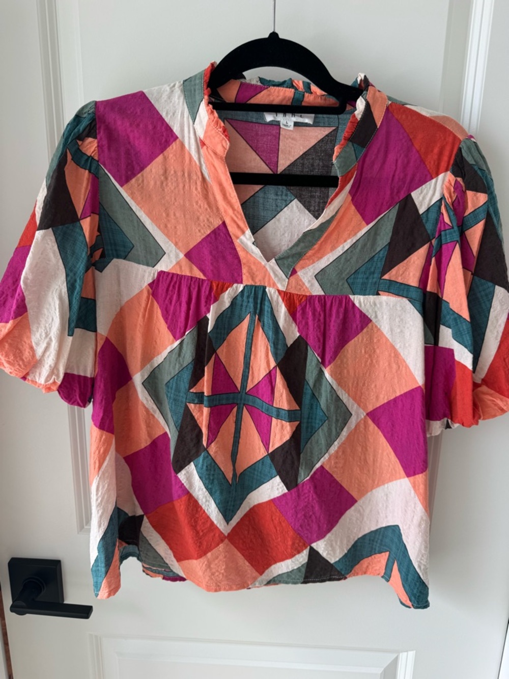 THML Colorblock Geometric V-Neck Blouse in Magenta, Coral & Teal